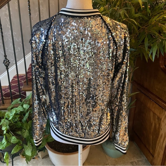 Shinevan Hi Party Sequin Bomber Jacket Silver and Black Full Zip Party Fun - Picture 4 of 6